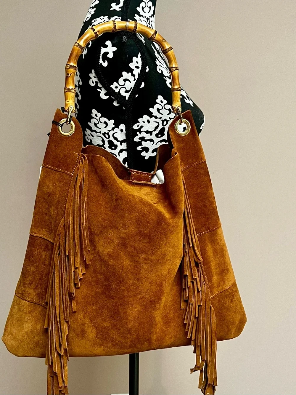 MARLON Firenze Italian Suede Fringe Hobo Tote Bag With Bamboo Handle